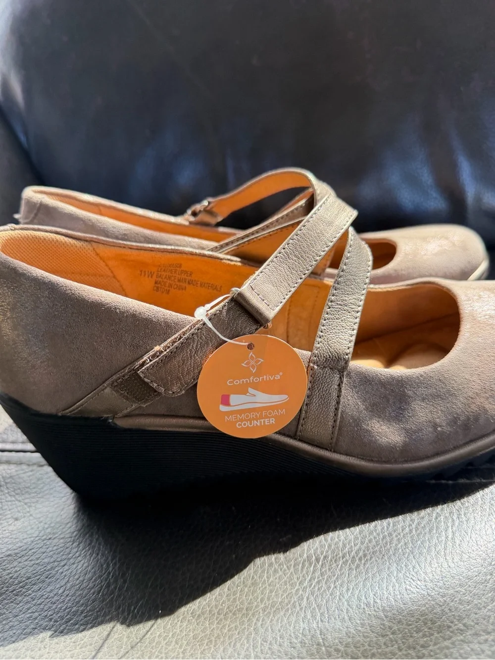 Comfortiva Alic Metallic Cross strap Wedge Mary Jane  in Taupe